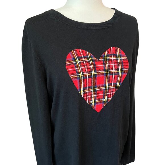 J.Crew Black Tartan Plaid Heart Cotton Crewneck Sweater Women’s Large Pullover - Picture 3 of 4
